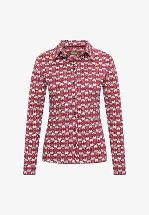 Camicia a maniche lunghe con sfondo rosso e motivo floreale bianco, con bottoni frontali e colletto. Realizzata in un tessuto liscio.