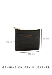Porte-cartes en cuir de veau noir avec un motif crocodile, fermeture éclair dorée, mesure 12 cm x 8 cm x 0,6 cm, avec logo en relief.