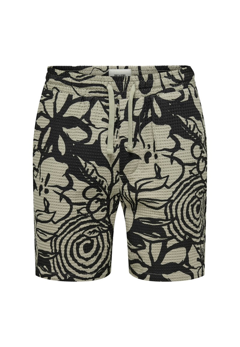 Shorts negros con patrón floral y superficie texturizada, con cinturilla elástica y cordón ajustable. El color principal es verde claro con diseños en negro.