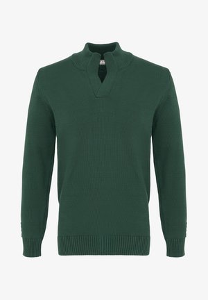 Maglione a maniche lunghe di colore verde scuro in maglia, con collo a mezzaluna con zip a costine, polsini e orlo a costine, su sfondo bianco.
