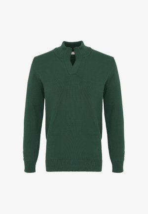 Tmavě zelený pletený svetr s dlouhými rukávy, má žebrovaný límec se čtvrtým zipem, manžety a spodní lem na bílém pozadí.