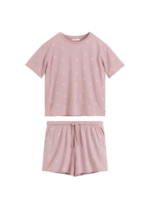 Jasnoróżowy top z krótkim rękawem oraz pasujące szorty z elastycznym pasem, oba z małymi białymi abstrakcyjnymi wzorami.