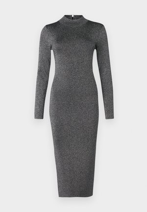 Long-sleeve, mock neck dress in a fitted silhouette, made of sparkly black fabric with subtle shimmer, falling just below the knees.