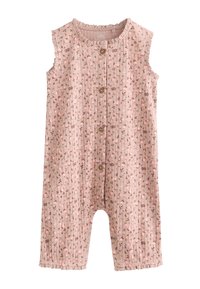 Combinaison rose sans manches pour bébé avec petit imprimé floral, boutons sur le devant et fermetures à pression aux jambes avec bords volantés à l'encolure et aux ouvertures des jambes.