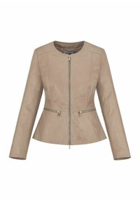 Beżowa skórzana kurtka o dopasowanym kroju, okrągłym dekolcie, dwóch przednich kieszeniach na zamek błyskawiczny i przednim zapięciu na zamek. Długie rękawy, gładka tekstura.