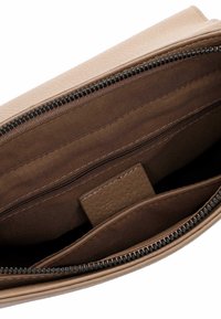 Beige leather wallet with a zip closure, featuring a brown fabric lining and multiple interior compartments for organization.