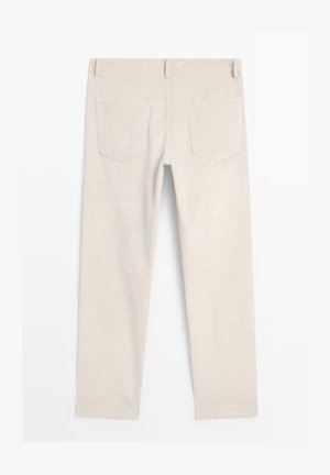 Beige Cordhosen mit geraden Beinen und zwei Gesäßtaschen. Strukturierter Stoff mit sichtbarem Rippenmuster und einem sicheren Bund.