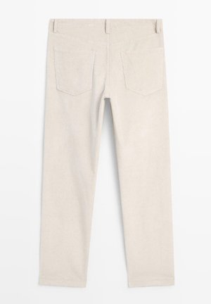 Beige corduroy pants with straight legs and two back pockets. Textured fabric with visible ribbing pattern and a secure waistband.