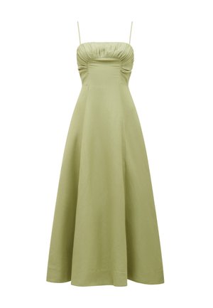 Green, midi-length dress with a fitted bodice, gathered detail at the neckline, and thin straps. Smooth, lightweight fabric.
