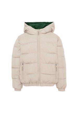 Giacca imbottita beige chiaro con cerniera frontale, due tasche laterali con zip, polsini elasticizzati e cappuccio foderato in tessuto verde scuro.
