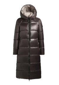 Long, dark brown puffer coat with a shiny finish. Features a zip front, large hood, and quilted sections for insulation.