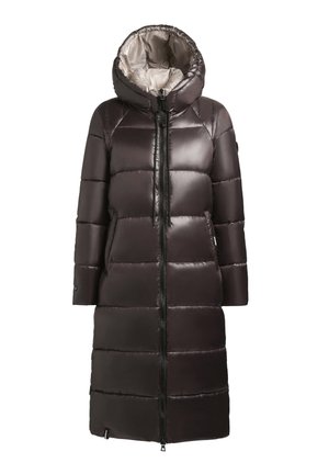 Long, dark brown puffer coat with a shiny finish. Features a zip front, large hood, and quilted sections for insulation.