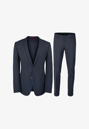 Marineblå jakkesæt bestående af en enkeltknappet blazer med notched revers og matchende skræddersyede bukser. Glat stof, minimal detaljering.
