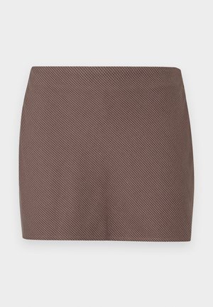 Brauner Minirock mit strukturiertem Webmuster, geradem Schnitt und klaren Linien, geeignet für legere oder formelle Anlässe.