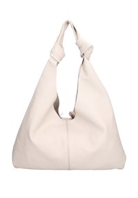 Borsa hobo in morbida pelle beige con manici nodosi alla spalla, apertura a foro tondo e finitura testurizzata. Presenta una cucitura centrale.
