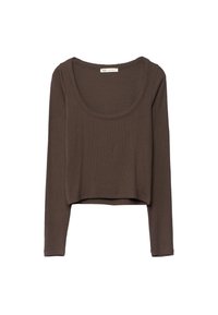 Bruine lange mouw crop top gemaakt van geribbelde stof met een ronde halslijn en een rechte zoom, voorzien van minimale naden en zonder extra versieringen.