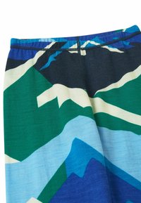 Kolorowy wzór górski z odcieniami zieleni, niebieskiego i bieli. Miękka tkanina z elastycznym pasem i gładką fakturą.