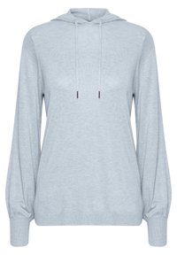 Jasnoszara bluza z kapturem, wykonana z miękkiego materiału, z przednią kieszenią kangurką, sznurkiem ściągającym i luźnymi rękawami. Prosty design z prążkowanymi mankietami.