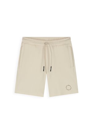 Beige casual shorts met elastische tailleband, trekkoord, zijzakken en een rond logo-ontwerp bij de linkerbovenrand.