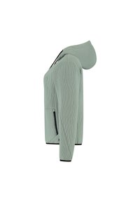 Haut à capuche zippé texturé vert clair avec poches avant et bordure noire, montré de côté gauche sur fond blanc.