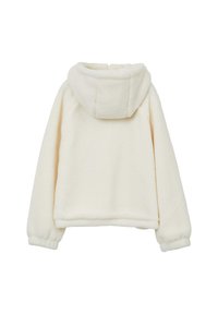 Giacca in pile color crema con cappuccio. Presenta maniche lunghe, un design corto e polsini ed orlo elasticizzati per una vestibilità aderente.