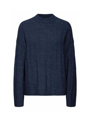 Granatowy sweter dzianinowy z wysokim kołnierzem, opadającymi ramionami, prążkowaną fakturą i długimi rękawami. Charakteryzuje się luźnym krojem dla wygody.