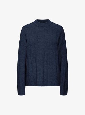 Pull en maille bleu marine avec un col haut, des épaules tombantes, une texture côtelée et des manches longues. Il présente une coupe décontractée pour plus de confort.