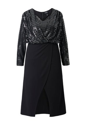 Czarna sukienka z cekinową, długorękawową górą z dekoltem w serek oraz dopasowaną spódnicą o kopertowym kroju z rozcięciem do kolana.