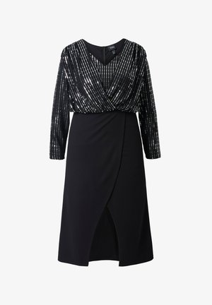 Czarna sukienka z cekinową, długorękawową górą z dekoltem w serek oraz dopasowaną spódnicą o kopertowym kroju z rozcięciem do kolana.