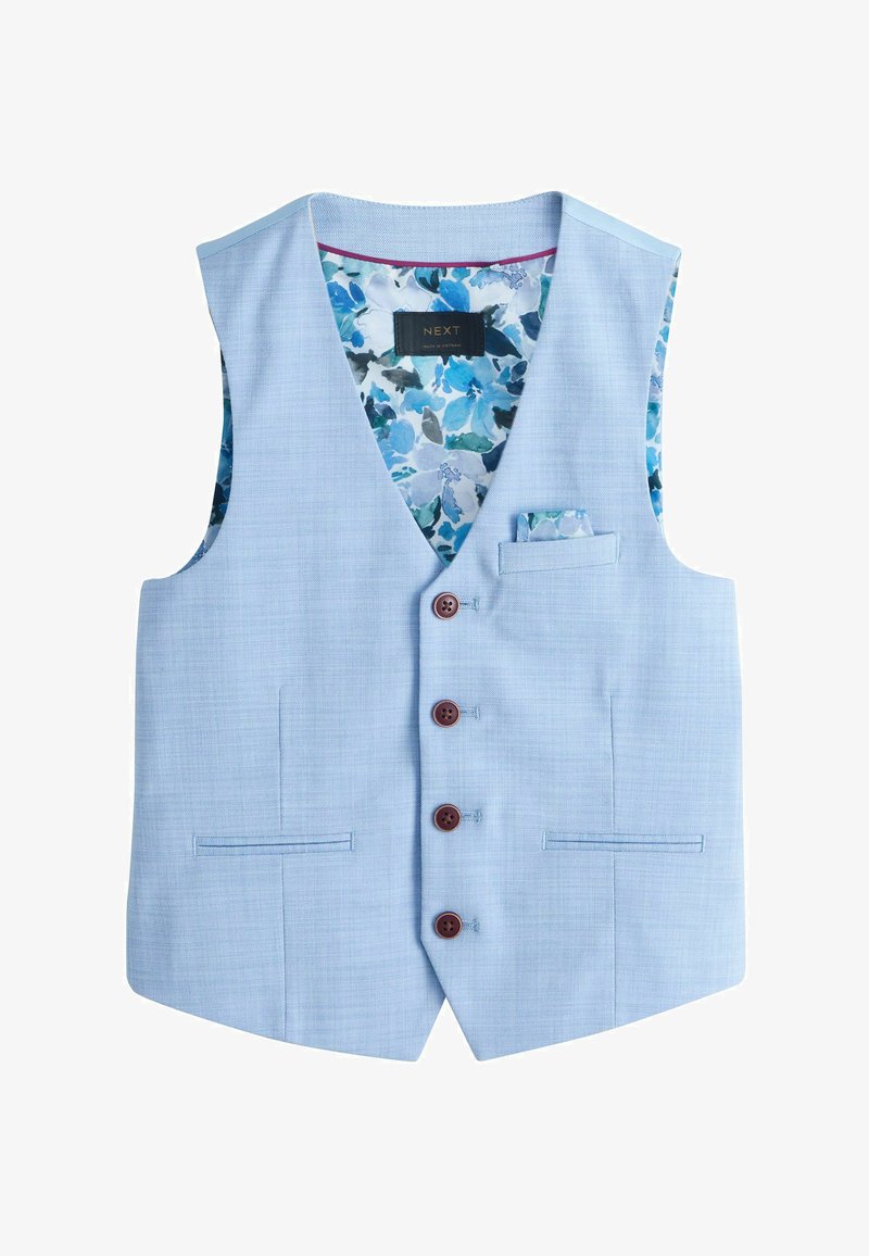 Gilet homme bleu clair avec boutons marron, doublure intérieure florale et pochette assortie fleurie.