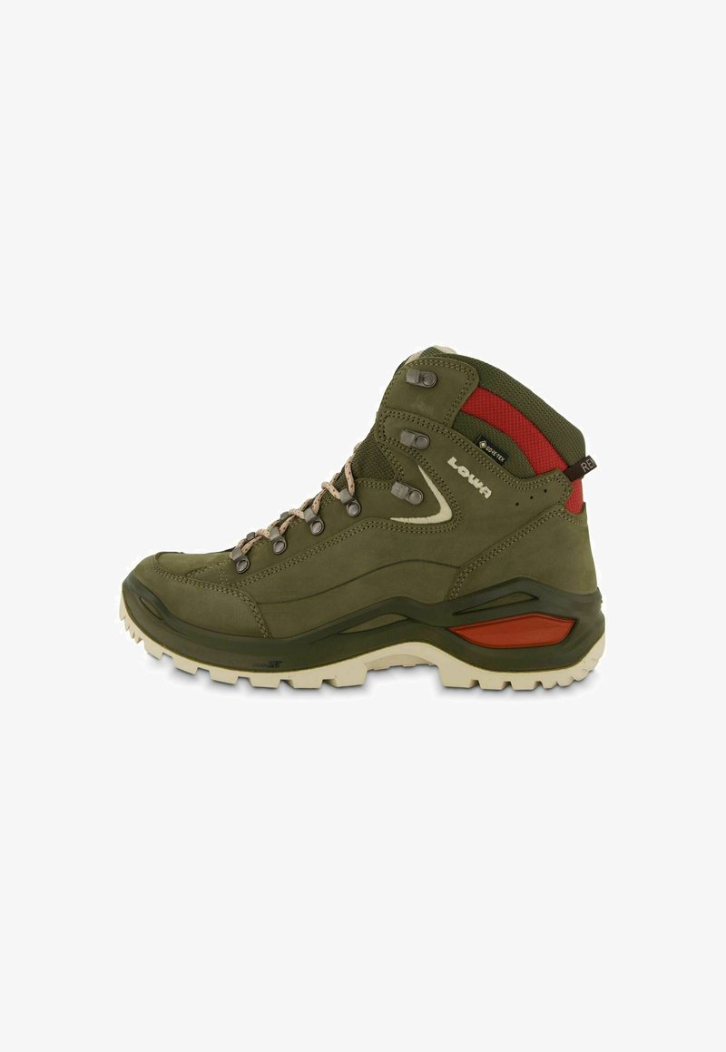 Bota de montanha verde oliva com design de tornozelo alto, ilhós reforçados, acentos vermelhos contrastantes e sola branca robusta para tração.