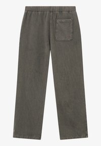 Grå bomuldsblandingsbukser med en afslappet pasform, der har en baglomme og en ribbet talje. Glat tekstur med en diskret glans.