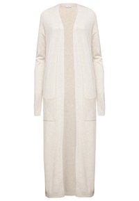 Lång, öppen-front cardigan i mjukt beige tyg. Har långa ärmar och två framfickor. Slät textur med en avslappnad passform.