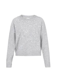 Lichtgrijs gebreid sweater met lange mouwen en verspreid kleine glanzende pailletten op de voorkant, en een geribde halslijn, manchetten en zoom.