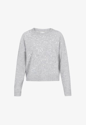 Jasnoszary sweter z dzianiny z długimi rękawami, ozdobiony rozrzuconymi małymi, błyszczącymi cekinami z przodu oraz ściągaczami przy dekolcie, mankietach i dolnej krawędzi.