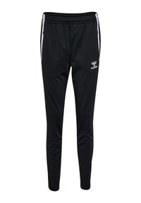 Pantalon de sport noir en tissu lisse, avec une coupe fuselée, une taille élastique et des bandes blanches sur les côtés avec un logo à l'avant.