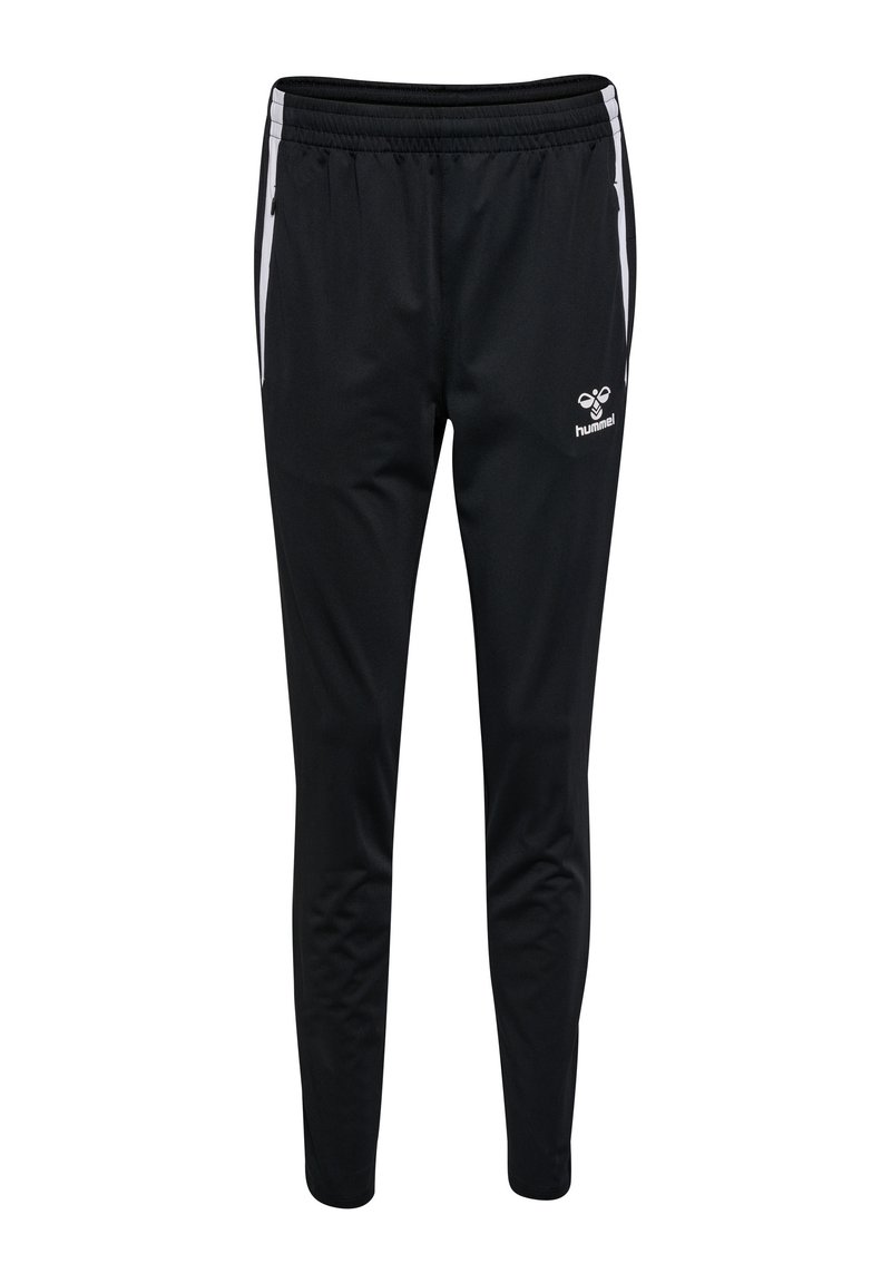 Pantalon de sport noir en tissu lisse, avec une coupe fuselée, une taille élastique et des bandes blanches sur les côtés avec un logo à l'avant.