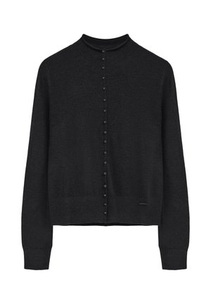 Cardigan noir à manches longues avec boutons, col rond et poignets côtelés sur fond blanc.