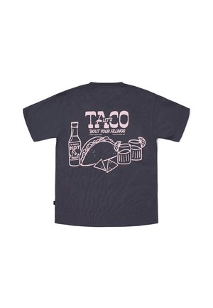 Dark gray t-shirt with pink graphics of a taco, two drinks with lemon slices, two tortilla chips, and a hot sauce bottle with text about taco fillings.