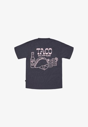 Dark gray t-shirt with pink graphics of a taco, two drinks with lemon slices, two tortilla chips, and a hot sauce bottle with text about taco fillings.