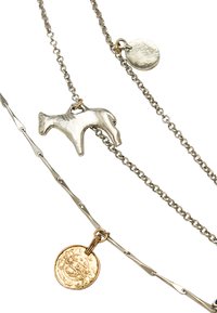 Naszyjnik warstwowy w kolorze srebrnym i złotym, z zawieszką w kształcie psa, okrągłym charmsikiem oraz teksturowaną monetą na mieszanym łańcuszku.
