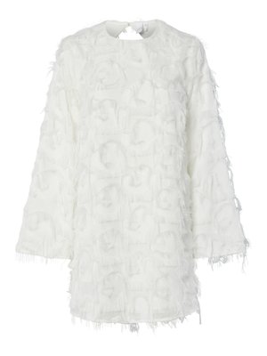 White, textured top with a fluffy finish. Round neckline, long sleeves, and layered fabric creating a 3D effect with fringes.