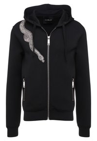 Sudadera con cremallera negra hecha de una suave mezcla de algodón, con un diseño de serpiente texturizado en la parte delantera y accesorios de plata en los bolsillos con cremallera.