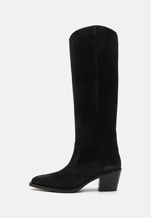 Stivali neri in suede al ginocchio con punta affusolata, discreta apertura laterale e tacco chunky per supporto. Texture liscia, design semplice.