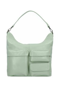 Light green leather shoulder bag with two front pockets, smooth texture, curved design, and adjustable strap. Silver-tone hardware accents.