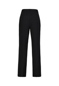 Black, straight-leg trousers with a smooth texture, mid-rise waistband, and two rear pockets. Minimalist design with no visible embellishments.