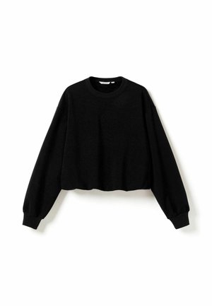 Sort langærmet cropped sweatshirt med rund hals og ribbet manchetter vist mod en hvid baggrund.