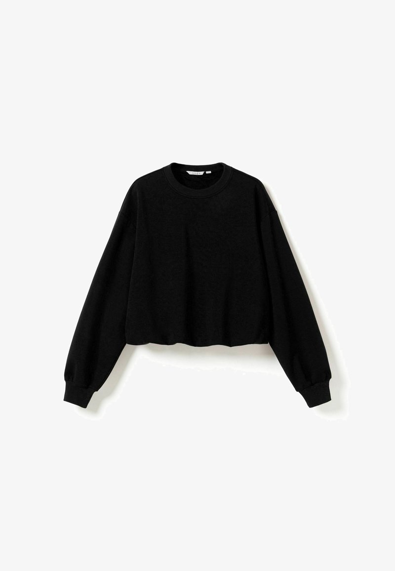 Sweat-shirt court noir à manches longues avec col rond et poignets côtelés présenté sur fond blanc.