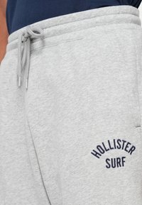 Svijetlosive trenirka s vezicom u struku i natpisom "Hollister Surf" na bedru, nosi se uz tamnoplav majicu.