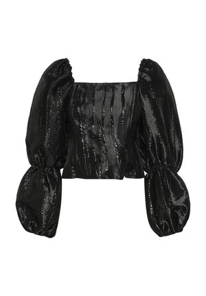 Black cropped top featuring a square neckline, puffed long sleeves, and glossy fabric with vertical striped texture.